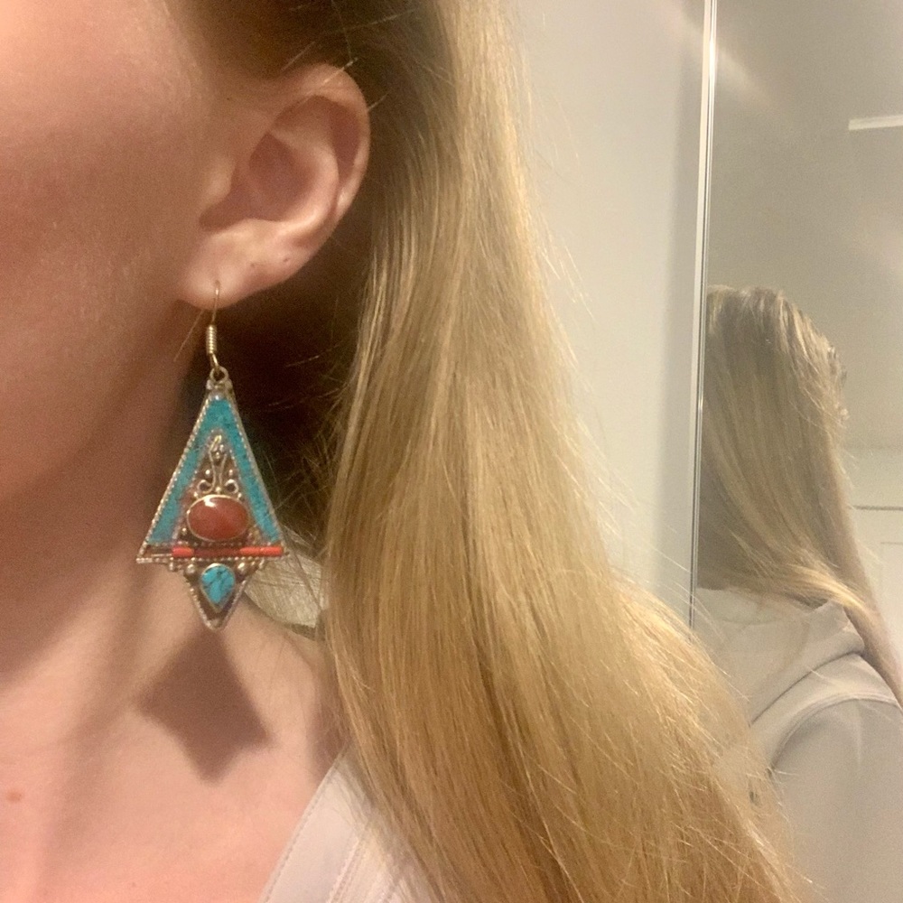 Authentic Moroccan Maroon, Blue, & Silver Earrings